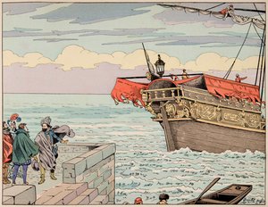 Illustration aus dem Buch „Le bon roy Henri“, illustriert von Jacques Marie Gaston Onfray de Breville dit JOB (1858-1931): Henri IV lehnt den Rat ab, nach England zu fliehen - Private Sammlung