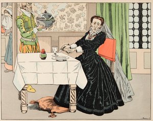 Illustration aus dem Buch „Le bon roy Henri“, illustriert von Jacques Marie Gaston Onfray de Breville dit JOB (1858-1931): Eine Mutter aß ihr Kind während der Belagerung von Paris - Private Sammlung von pseudonym for Onfray de Breville Jacques Job