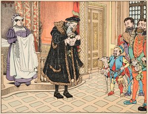 Illustration aus dem Buch „Le bon roy Henri“, illustriert von Jacques Marie Gaston Onfray de Breville dit JOB (1858-1931): Geburt von Henri IV, sein Großvater Henri d