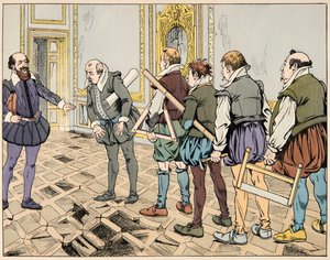 Illustration aus dem Buch „Le bon roy Henri“, illustriert von Jacques Marie Gaston Onfray de Breville dit JOB (1858-1931): Sully (Maximilian de Bethune) zeigt eine strenge Wirtschaft - Private Sammlung von pseudonym for Onfray de Breville Jacques Job