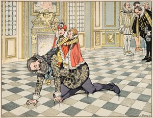 Illustration aus dem Buch „Le bon roy Henri“, illustriert von Jacques Marie Gaston Onfray de Breville dit JOB (1858-1931): Vor dem spanischen Botschafter spielt Henri IV mit seinen Kindern - Private Sammlung