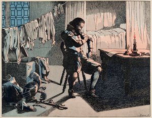 Illustration aus dem Buch „Le bon roy Henri“, illustriert von Jacques Marie Gaston Onfray de Breville dit JOB (1858-1931): 1589 wurde Henri König von Frankreich, aber ohne Geld - Private Sammlung von pseudonym for Onfray de Breville Jacques Job