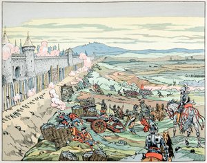 Illustration aus dem Buch „Le bon roy Henri“, illustriert von Job: Heinrich IV. stürmt das Vorstadtgebiet von Paris im Jahr 1590