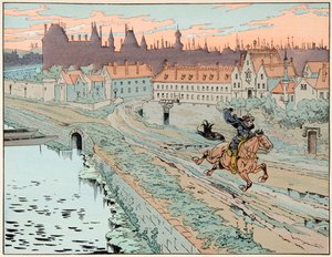 Illustration aus dem Buch „Le bon roy Henri“, illustriert von Jacques Marie Gaston Onfray de Breville dit JOB (1858-1931): 1575 floh Henri IV aus Paris - Private Sammlung von pseudonym for Onfray de Breville Jacques Job