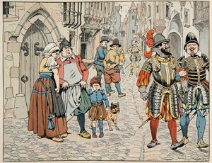 Illustration aus dem Buch „Le bon roy Henri“, illustriert von Jacques Marie Gaston Onfray de Breville dit JOB (1858-1931): Pariser sehen mit einem schlechten Auge die ausländischen Truppen, die ihnen zu Hilfe kommen - Private Sammlung