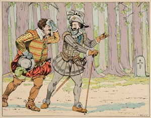 Illustration aus dem Buch „Le bon roy Henri“, illustriert von Jacques Marie Gaston Onfray de Breville dit JOB (1858-1931): Henri IV gewährt Charles de Lorraine (1554-1611) Herzog von Mayenne seine Vergebung, nachdem er ihn zu einer kleinen Übung gezwungen  von pseudonym for Onfray de Breville Jacques Job