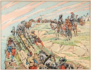 Illustration aus dem Buch „Le bon roy Henri“, illustriert von Jacques Marie Gaston Onfray de Breville dit JOB (1858-1931): Henri IV im Krieg errichtete sein Lager in der Nähe von Dieppe mit seiner Artillerie - Private Sammlung