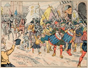 Illustration aus dem Buch „Le bon roy Henri“, illustriert von Jacques Marie Gaston Onfray de Breville dit JOB (1858-1931): Einzug von Henri IV. in Paris am 21. März 1594 - Private Sammlung von pseudonym for Onfray de Breville Jacques Job