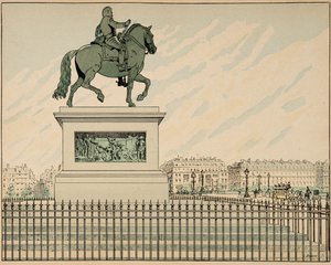Illustration aus dem Buch „Le bon roy Henri“, illustriert von Jacques Marie Gaston Onfray de Breville dit JOB (1858-1931): Statue errichtet zum Gedenken an Heinrich IV. - Privatsammlung von pseudonym for Onfray de Breville Jacques Job