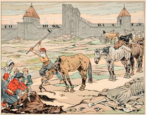 Illustration aus dem Buch „Le bon roy Henri“, illustriert von Job: Die Pariser schlachten ihre Pferde aus Hunger von pseudonym for Onfray de Breville Jacques Job