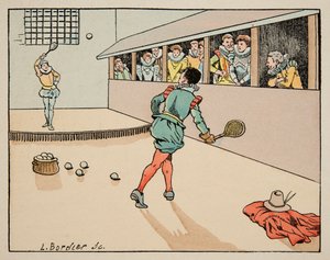 Illustration aus dem Buch „Le bon roy Henri“, illustriert von Jacques Marie Gaston Onfray de Breville dit JOB (1858-1931): Bildung im 16. Jahrhundert: Palmspiel - Private Sammlung von pseudonym for Onfray de Breville Jacques Job