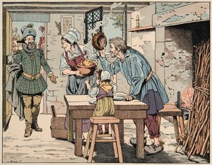 Illustration aus dem Buch „Le bon roy Henri“, illustriert von Jacques Marie Gaston Onfray de Breville dit JOB (1858-1931): Henri IV bei den Bauern, um das Huhn im Topf zu essen von pseudonym for Onfray de Breville Jacques Job
