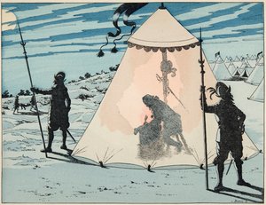 Illustration aus dem Buch „Le bon roy Henri“, illustriert von Jacques Marie Gaston Onfray de Breville dit JOB (1858-1931): Henri IV nach seinem Sieg in der Schlacht von Arques (1589) - Private Sammlung von pseudonym for Onfray de Breville Jacques Job