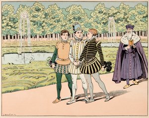 Illustration aus dem Buch „Le bon roy Henri“, illustriert von Jacques Marie Gaston Onfray de Breville dit JOB (1858-1931): Henri IV wurde mit M de Segur und M de La Rochefoucauld befreundet - Private Sammlung von pseudonym for Onfray de Breville Jacques Job