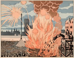 Illustration aus dem Buch „Le bon roy Henri“, illustriert von Jacques Marie Gaston Onfray de Breville dit JOB (1858-1931): Freudenfeuer auf dem Place de strike in Paris - Privatsammlung von pseudonym for Onfray de Breville Jacques Job