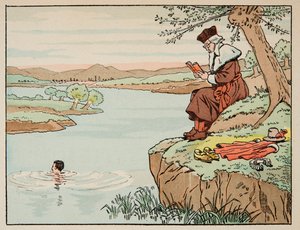 Illustration aus dem Buch „Le bon roy Henri“, illustriert von Jacques Marie Gaston Onfray de Breville dit JOB (1858-1931): Erziehung im 16. Jahrhundert: Schwimmen - Privatsammlung