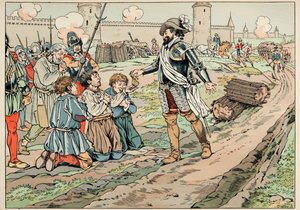 Illustration aus dem Buch „Le bon roy Henri“, illustriert von Job: Heinrich IV. gibt Geld und befreit Bauern, die versucht haben, Lebensmittel nach Paris zu bringen