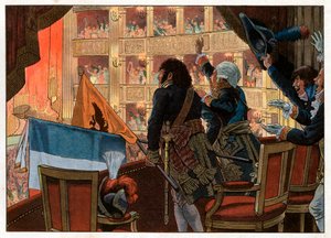 In Florenz, im Theatersaal, vereinen Joachim Murat (1767-1815) und ein russischer Botschafter ihre Flaggen mit größter Freude der Anwesenden. Gravur von Jacques Marie Gaston Onfray de Breville, genannt Job
