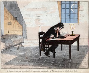 In Valencia (Gefängnis) nutzt Napoleon die Gelegenheit, das Digest zu studieren und sich im Recht zu stärken - Lithographie von Job (Jacques Onfroy de Breville) aus Le Grand Napoleon des Petites Enfants