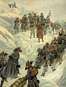Italienfeldzug (1799-1800): Überquerung des Sankt-Bernhard-Passes in die Alpen durch die Armee von Napoleon I. Bonaparte (1769-1821) am 20. Mai 1800. Illustration von Jacques Marie Gaston Onfray de Breville, genannt JOB (1858-1931). Private Sammlung