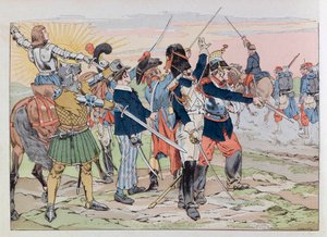 Jacques Marie Gaston Onfray de Breville dit JOB (1858-1931); Illustration aus dem Buch „Les épées de France“: Allegorie der Ruhm Frankreichs für die Soldaten von 1914; Privatsammlung von pseudonym for Onfray de Breville Jacques Job