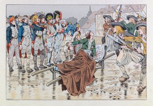 Jacques Marie Gaston Onfray de Breville dit JOB (1858 - 1931); Illustration aus dem Buch „Les épées de France“: Der Marquis de Bonchamps, tödlich verwundet nach der Schlacht von Cholet im Jahr 1793, rettet republikanische Gefangene aus den Händen der Choua