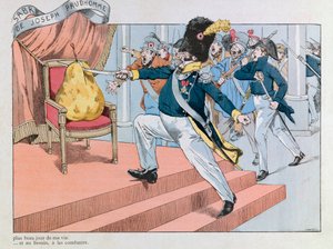 Illustration aus dem Buch „Les épées de France“: Louis Philippe wurde vom Thron vertrieben (Joseph Prudhommes Säbel „Dieser Säbel ist der schönste Tag meines Lebens. Er wird mir dienen, um zu verteidigen...“