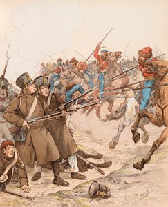 Französische Militärs während der Napoleonischen Feldzüge, genannt Marie Louise, 1815 im Kampf gegen die Kosaken, Privatsammlung von pseudonym for Onfray de Breville Jacques Job