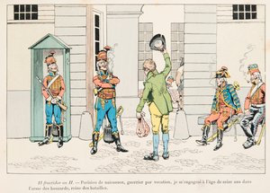 Outfit der französischen Truppen zu allen Zeiten: Junger Mann bei den Husaren während der Französischen Revolution
