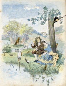 Jean de La Fontaine (1621-1695) spricht mit einem jungen Mädchen. Um sie herum sind Tiere aus den Fabeln des Dichters: Wolf, Lamm, Storch, Schildkröte, Ratte, Frosch, Hase, Fuchs, Rabe... in „Frankreich, seine Geschichte erzählt von G. Montorgueil, illustr