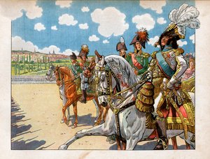 Joachim Murat (1767-1815) begleitete Napoleon I. Bonaparte (1869-1921) und Alexander I., Kaiser von Russland (1777-1825) während der Truppeninspektion beim Tilsiter Vertrag am 7. Juli 1807. Gravur von Jacques Marie Gaston Onfray de Breville dit Job (1858-1