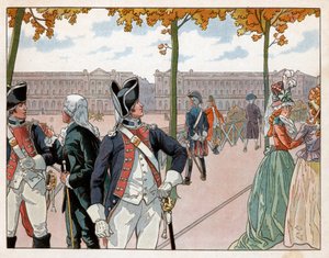 Joachim Murat (1767-1815) und Bessières in Paris im Jahr 1791 in der Uniform der konstitutionellen Garde des Königs. Gravur von Jacques Marie Gaston Onfray de Breville dit Job (1858-1931)