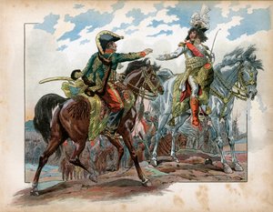 Joachim Murat (1767-1815) und General Antoine Charles Louis de La Salle (Lasalle) (1775-1809) während der Schlacht bei Heilsberg 1807. Gravur von Jacques Marie Gaston Onfray de Breville dit Job (1858-1931) von pseudonym for Onfray de Breville Jacques Job