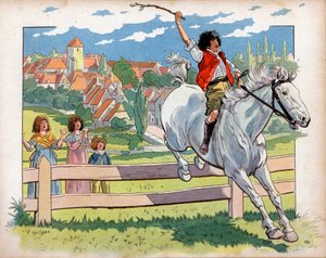 Joachim Murat als Kind auf einem Pferd, das über Hecken springt. Gravur von Jacques Marie Gaston Onfray de Breville, genannt Job von pseudonym for Onfray de Breville Jacques Job