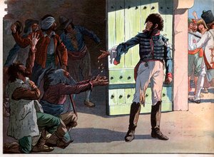 Joachim Murat (1767-1815), entthronter König von Neapel, Gefangener in der Festung des Hafens von Pizzo, verteilte sein Geld an gefangene Banditen mit ihm im Jahr 1815. Gravur von Jacques Marie Gaston Onfray de Breville dit Job (1858-1931) von pseudonym for Onfray de Breville Jacques Job