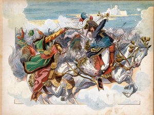 Joachim Murat (1767-1815) während der Schlacht von Abukir im Jahr 1799, während der Ägyptischen Expedition, ergriff General Mustapha Pascha, nachdem er in den Kiefer geschossen wurde; er wurde nach der Schlacht zum Divisionsgeneral ernannt. Gravur von Jacq von pseudonym for Onfray de Breville Jacques Job