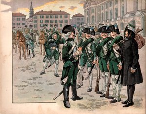 Joachim Murat trat 1787 dem Regiment der Ardennenjäger bei. Gravur von Jacques Marie Gaston Onfray de Breville, genannt Job von pseudonym for Onfray de Breville Jacques Job