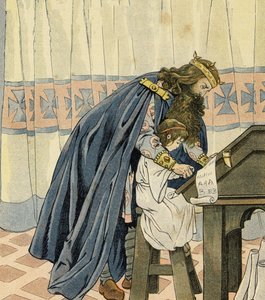 König Karl der Große (Karl I., bekannt als Karl der Große, 742-814) erzieht ein junges Kind und erfindet die Schule. In „Frankreich, seine Geschichte erzählt von G. Montorgueil, illustriert von Job“ 1896. Private Sammlung von pseudonym for Onfray de Breville Jacques Job