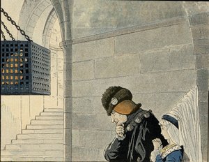 König Ludwig XI. (1423-1483) besucht den Gefangenen Jean Balue (1421-1491), der 1469 in einem Eisenkäfig eingesperrt wurde, weil er gegen den König intrigierte. in „France, his story told by G. Montorgueil, imagee by Job“ 1896. Private Sammlung