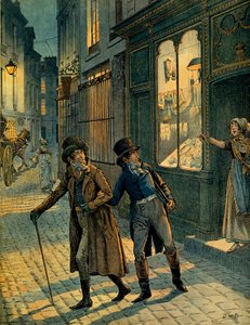 Louis Antoine Fauvelet de Bourrienne und Napoleon I. Bonaparte inkognito in den Straßen von Paris. Illustration von Jacques Marie Gaston Onfray de Breville, genannt JOB