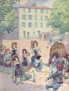 Napoleon Bonaparte (1769-1821) als Kind in einem Streit mit seinen Kameraden vor seinem Haus in Ajaccio, Korsika, um 1910 (Farblithografie) von pseudonym for Onfray de Breville Jacques Job