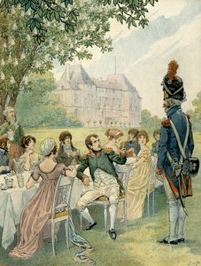 Napoleon I. Bonaparte bei einem Mittagessen in den Gärten des Schlosses von Malmaison. Illustration von Jacques Marie Gaston Onfray de Breville, genannt JOB