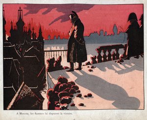 Napoleon betrachtet das Feuer von Moskau - Er beobachtet, wie Moskau brennt (15.-16. September 1812) - Lithographie von Job (Jacques Onfroy de Breville) aus Le Grand Napoleon des Petites Enfants 1893
