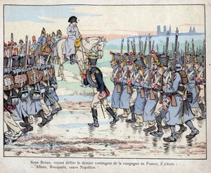 Napoleon betrachtet das letzte Kontingent der Armee auf dem französischen Land nahe Reims, 16. März