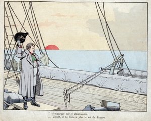 Napoleon an Bord der HMS Bellerophon 1815 - Lithographie von Job aus „Le Grand Napoleon des Petites Enfants“ 1893
