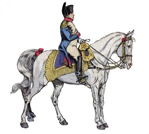 Napoleon zu Pferd - Lithographie von Job (Jacques Onfroy de Bréville) aus „Le Grand Napoléon des Petites Enfants“ 1893