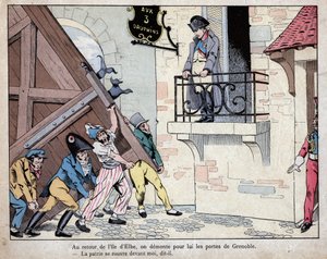 Napoleon sammelt seine Soldaten in Grenoble bei seiner Rückkehr von der Insel Elba - Die Stadt Grenoble öffnet Napoleon bei seiner Rückkehr aus dem Exil auf Elba am 7. März 1815 ihre Tore - Lithografie von Job (Jacques Onfroy de Bréville) aus „Le Grand Nap