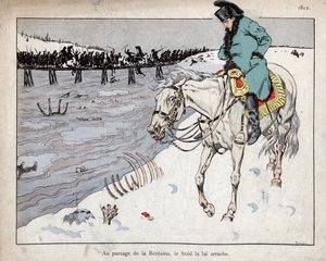 Napoleon beobachtet die Überreste seiner Großen Armee, die den Fluss Beresina auf dem Rückzug aus Moskau überqueren.