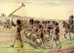 Regiment der napoleonischen Armee marschiert zur Schlacht im Klang der Musik, ca. 1900 (Druck) von pseudonym for Onfray de Breville Jacques Job