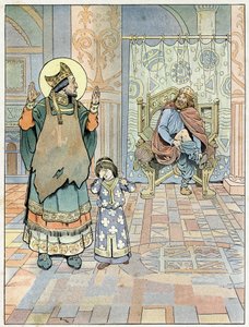 Saint Eloi (ca. 588-659) weist den König von Frankreich Dagobert I (602 oder 605-638 oder 639) darauf hin, dass seine Hose verkehrt herum angezogen ist (Unterhose verkehrt herum). in „Frankreich, seine Geschichte erzählt von G. Montorgueil, illustriert von